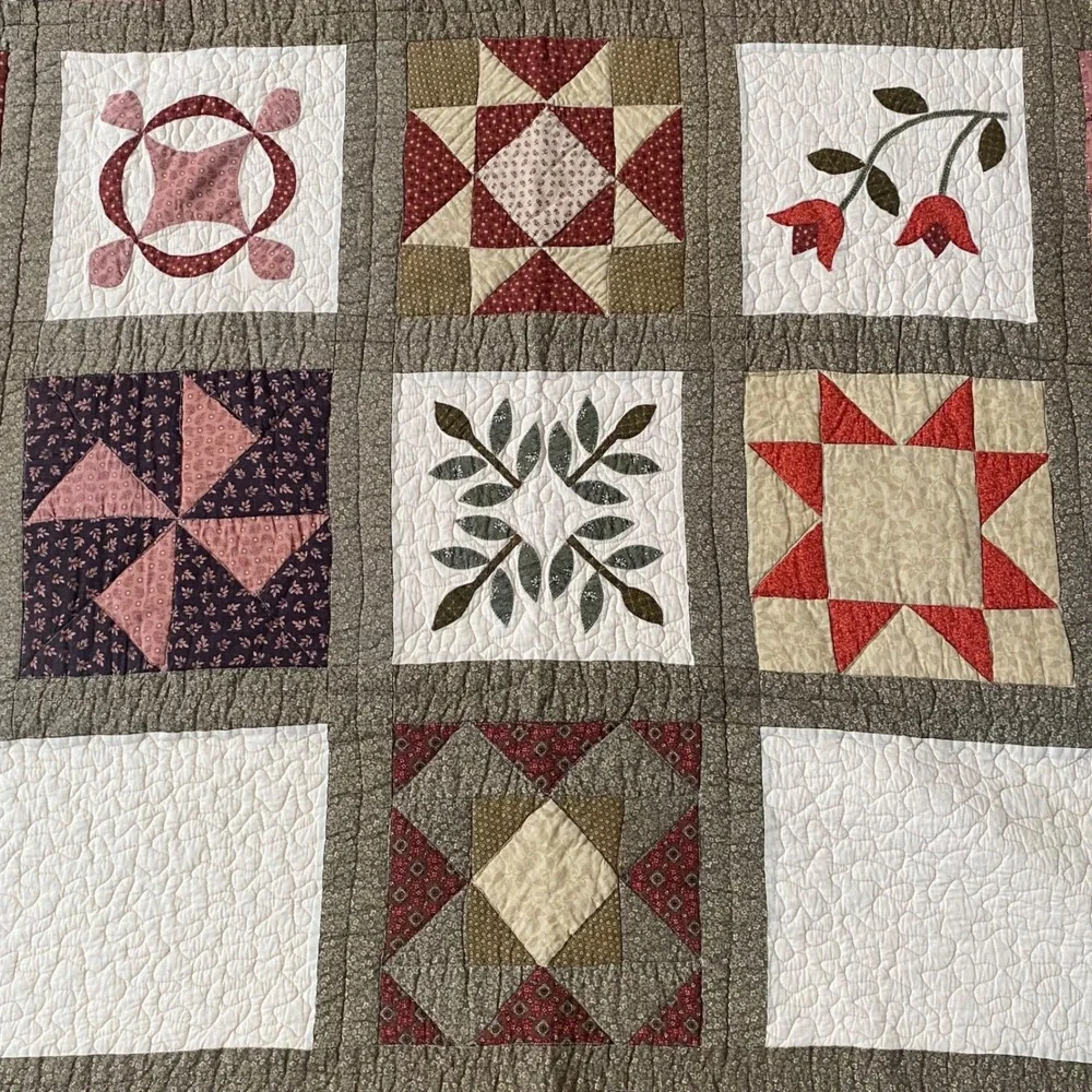 Nostalgia Home Fashions Handmade Sampler Patchwork Quilt Burgundy Floral Queen